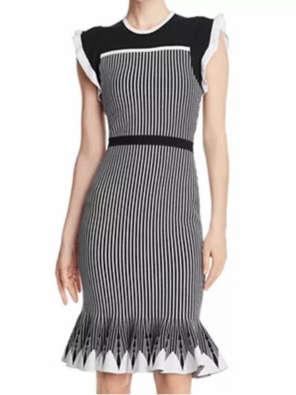 Shoshanna Black and White Striped Ruffle-Hem Midi Dress